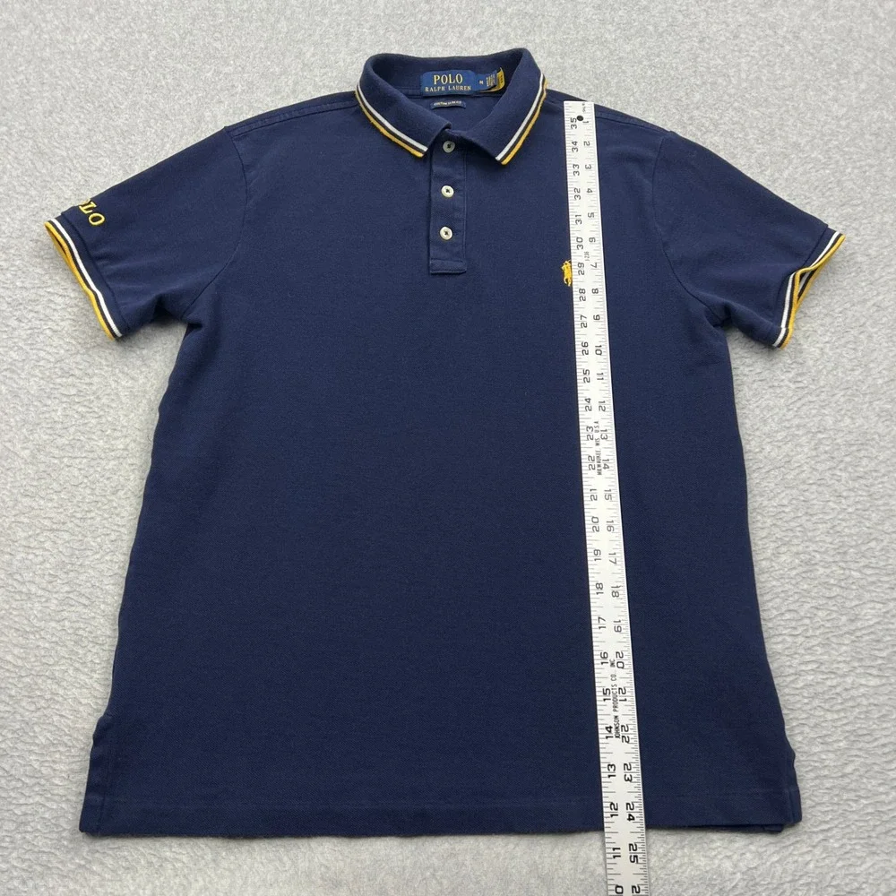 Polo Ralph Lauren Pique Shirt Mens Medium Blue Custom Slim Fit Knit Tipped Trim